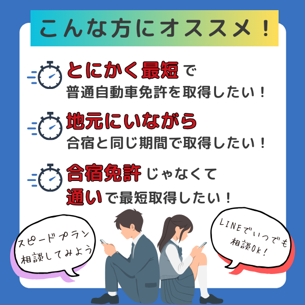 スピードプランはこんな方に特にオススメしたいプラン！
「とにかく最短で免許取得したい！」
「地元にいる間に早く免許を取得しないといけない」
「決まった期間内で免許を取得したい」